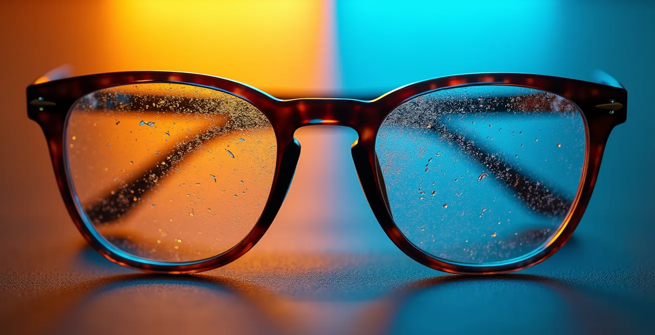 Comparaison de l'effet de la lumière sur des lunettes en conditions naturelles et artificielles